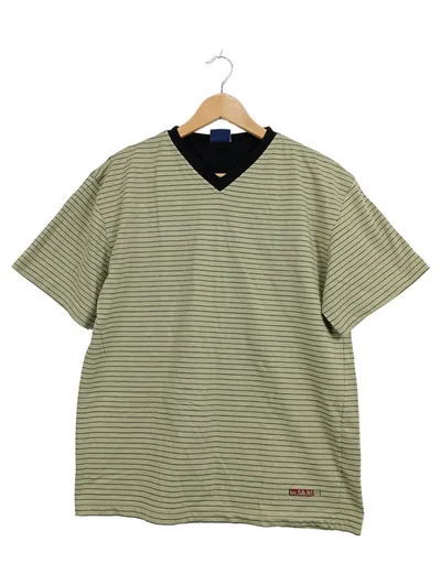 Mills Herren T-Shirt Gr. 48 M Grün Gestreift V-Ausschnitt Kurzarm