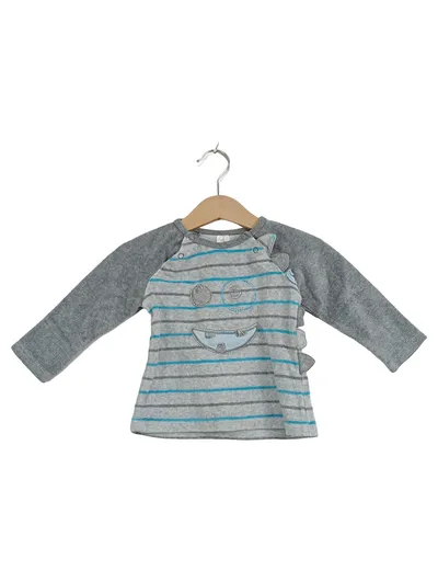 Kanz Baby Langarmshirt Gr. 68 Grau Gestreift Monster Applikation