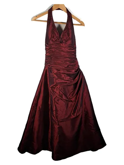 Unique Abendkleid Neckholder Perlendekor Damen Gr. XS Rot Maxikleid