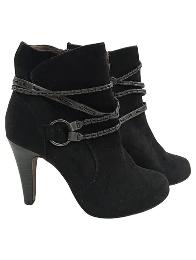 Tamaris Damen Stiefeletten Schwarz Gr. 36 Absatz 10 cm Leder Ketten-Detail