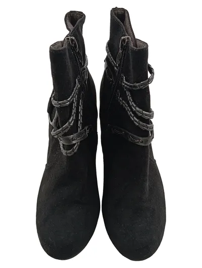 Tamaris Damen Stiefeletten Schwarz Gr. 36 Absatz 10 cm Leder Ketten-Detail