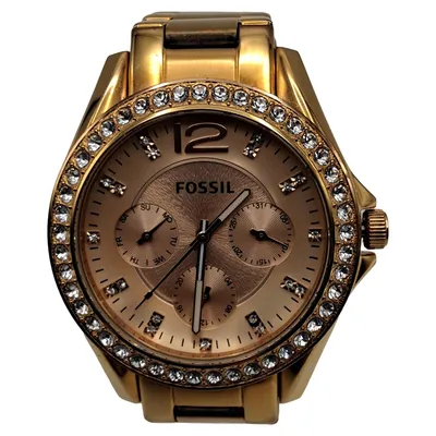 Fossil Damenuhr Riley Edelstahl Gold Strasssteine Multifunktion