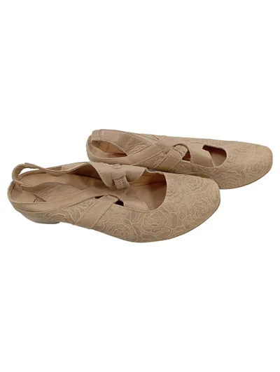 Damen Slingback Ballerina Gr. 37.5 Beige Leder Blumenmuster Kreuzriemen Komfort