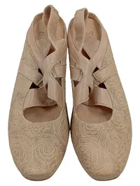 Damen Slingback Ballerina Gr. 37.5 Beige Leder Blumenmuster Kreuzriemen Komfort 2