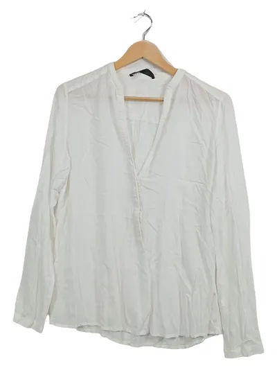Hallhuber Damen Bluse Weiß Gr. 38 M Langarm V-Ausschnitt Knopfleiste
