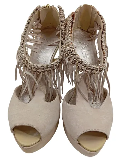 Alesya Damen Pumps Gr. 36 Beige Fransen Nieten Peep-Toe High Heels Party