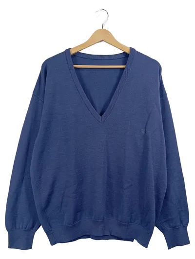 VAKKO Herren Pullover V-Ausschnitt Wolle Blau Gr. L Klassisch