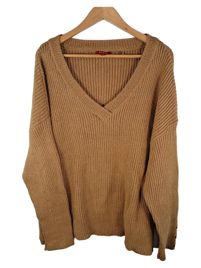 GUESS Damen Pullover Gr. 42, XL Beige V-Ausschnitt Rippstrick Casual