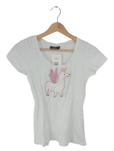 Tessentials Damen T-Shirt Weiß Gr. S Lama Einhorn Applikation Glitzer