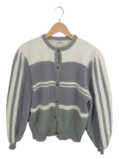 BASLER Strickjacke Damen Cardigan Gr. 40 Grau Weiß Gestreift Mohair Retro