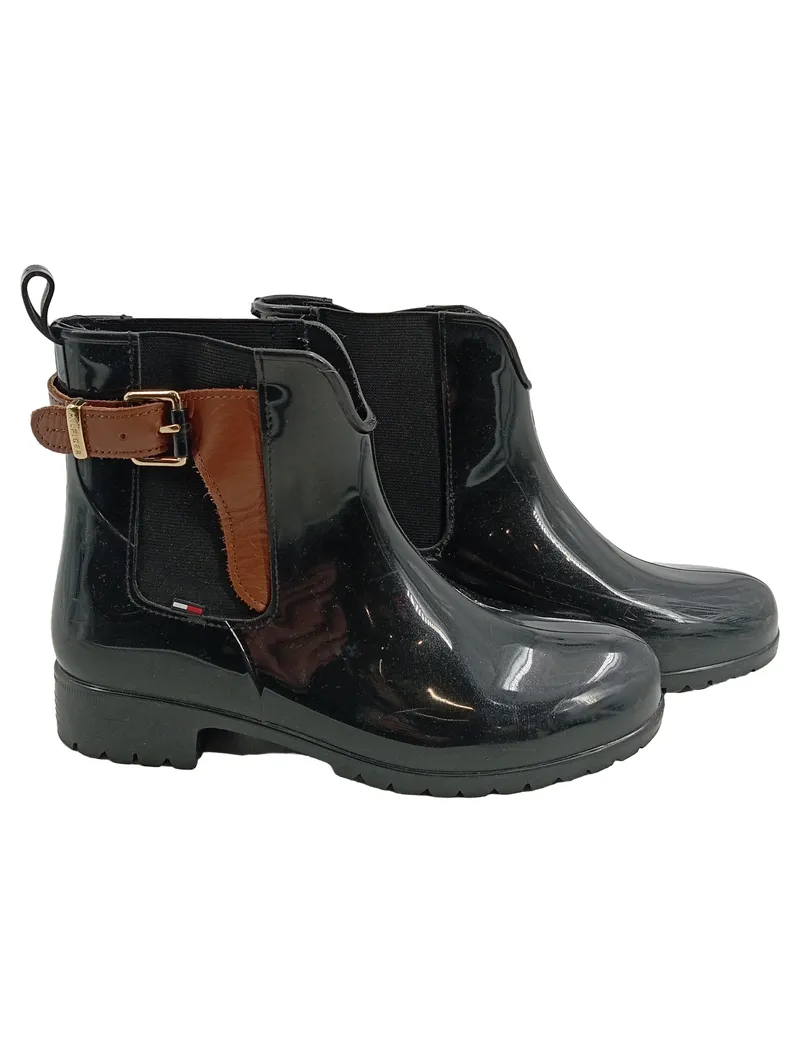 Tommy Hilfiger Damen Chelsea Gummistiefel Schwarz Gr. 38 Lack 1