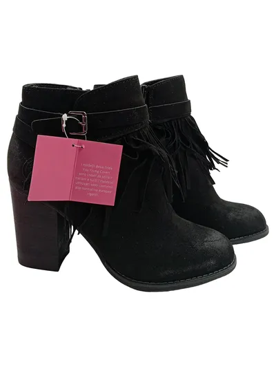 You Young Coveri Damen Stiefelette Fransen Schnalle Schwarz Gr. 38 Blockabsatz