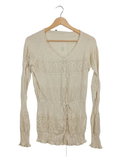 Max Mara Damen Strickjacke XL Beige Seide Baumwolle Lochmuster Cardigan