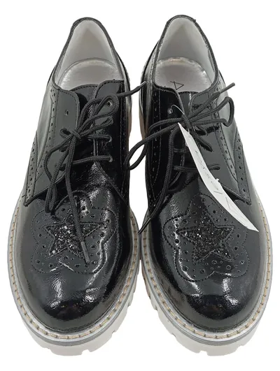 Alesya Damen Schnürschuhe Schwarz Gr. 39 Lackleder Plateau Glitzer Sterne