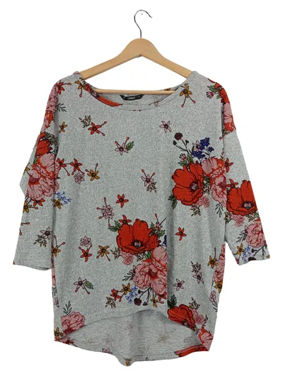 ONLY Damen Pullover Blumenmuster Grau Gr. S 3/4-Arm Floral