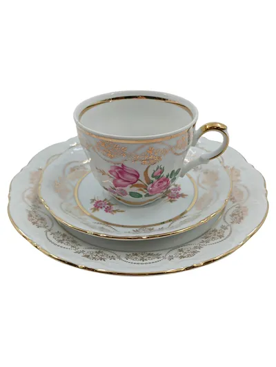 Mitterteich Bavaria Kaffeegedeck Tasse Untertasse Teller Porzellan Rosen Gold