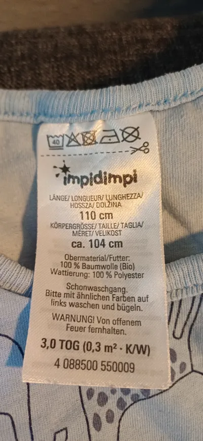 Impidimpi Baby Schlafsack Dschungeltiere Gr. 110 Blau 3.0 TOG Bio-Baumwolle