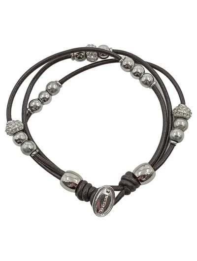 Fossil Damen Armband Leder Beads Strass Silber Braun Wickelarmband