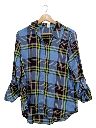 Street One Damen Bluse Kariert Gr. 38/M Blau Viskose Langarm Casual