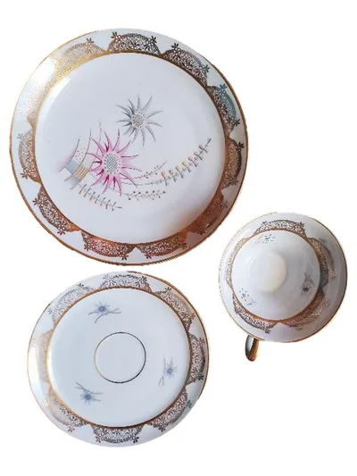 Vintage Kaffeeservice 3-tlg Porzellan Golddekor Blumenmotiv Weiß