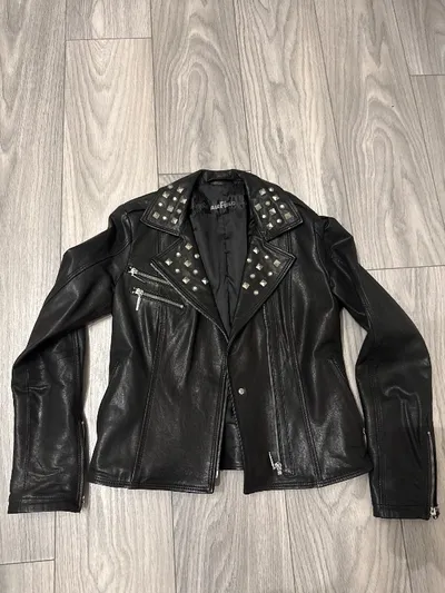 Airfield Damen Lederjacke Bikerjacke Nieten Schwarz Gr. 34 XS