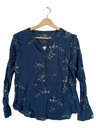 ICHI Damen Bluse Gr. 40 Blau Kirschblüten Langarm Baumwolle