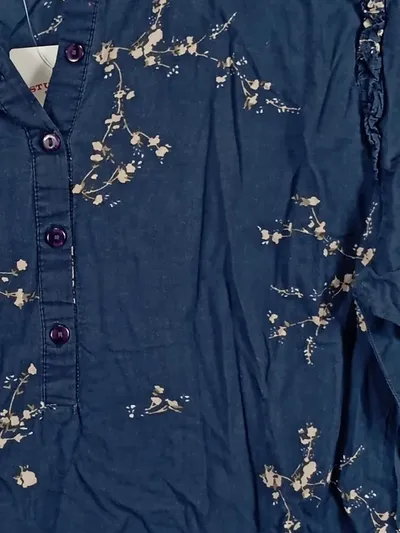ICHI Damen Bluse Gr. 40 Blau Kirschblüten Langarm Baumwolle