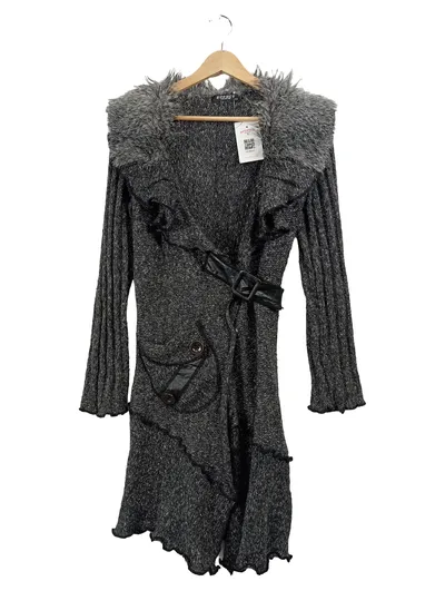 Blue Effect Damen Strickjacke Kunstfell Grau Vintage M-L Rüschen Leder