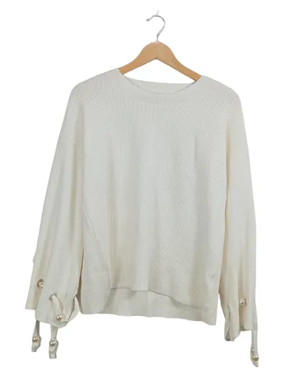 BEAUTY WOMEN Damen Pullover Gr. L-XL Weiß Rippstrick Perlen Ärmel Feminin