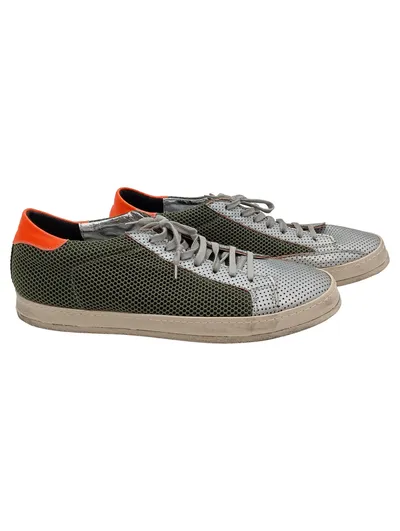P448 Sneaker Low Herren Gr. 45 Silber Grün Orange Leder Mesh