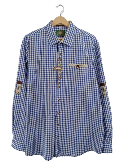 OS Trachten Herren Trachtenhemd Karohemd Blau Gr. XL Stickerei