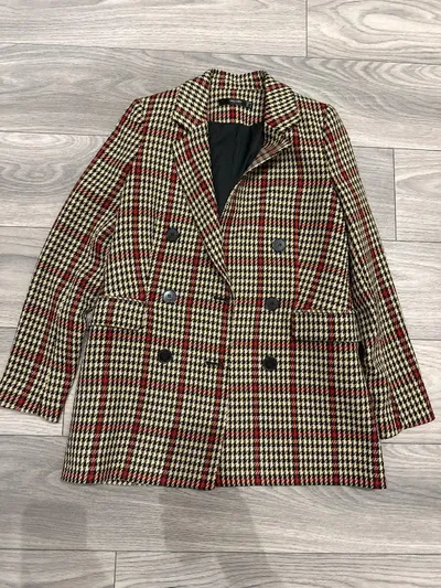 Hallhuber Damen Blazer Gr. 34 XS Hahnentritt kariert Tweed Doublebreast