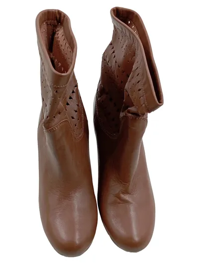 Damen Stiefelette Leder Braun Gr. 38 Lochmuster Slip-On Absatz 9cm