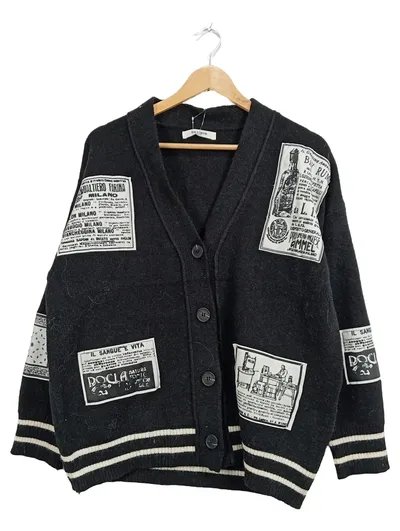 byClara Strickjacke Herren Gr. 44 XS Schwarz Vintage Patches Cardigan
