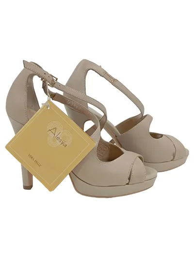 Alesya Damen Peeptoe Pumps Riemchen Leder Beige Gr. 35 Elegant