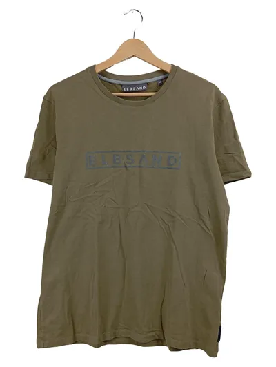 Elbsand Herren T-Shirt Oliv Gr. 48 M Logo-Print Kurzarm Casual Baumwolle