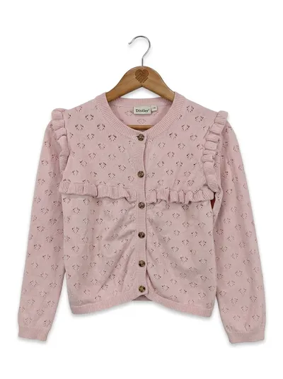 Distler Strickjacke Mädchen Gr. 110/116 Rosa Rüschen Lochmuster
