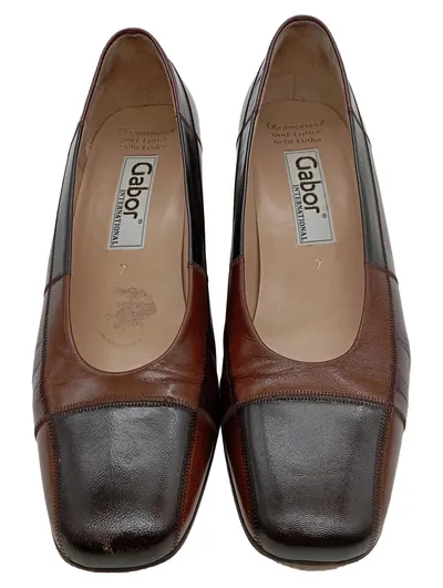 Gabor Damen Pumps Patchwork Leder Blockabsatz Gr. 40, 5 Braun Klassisch