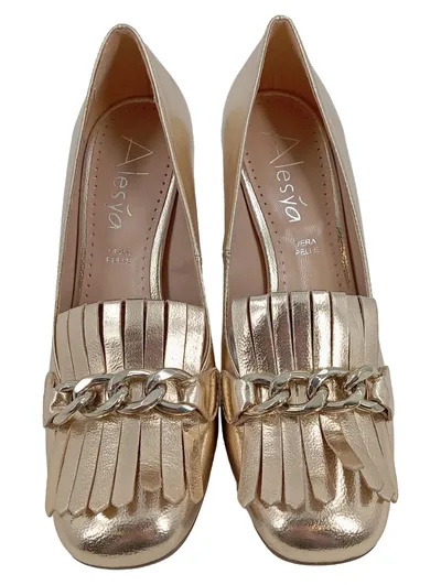 Alesya Damen Pumps Gold Gr. 37 Fransen Kettendetail Elegant