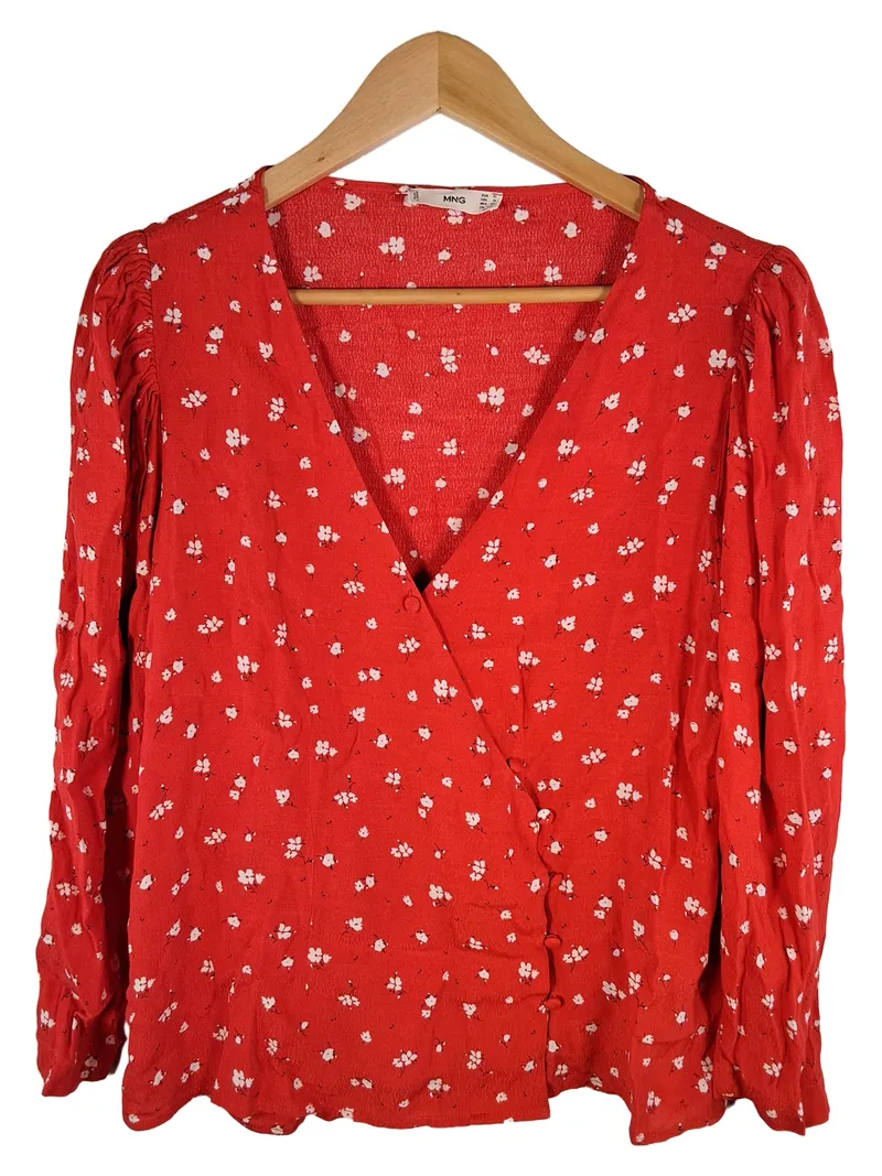 MANGO Bluse Damen XL Rot Blumenmuster Wickeloptik V-Ausschnitt 1