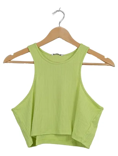 Monki Damen Crop Top Hellgrün Rippstrick Ärmellos Gr. L