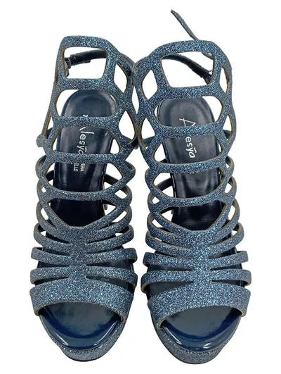 Alesya Plateausandalen Damen Gr. 35 Blau Glitzer High Heels Glamourös