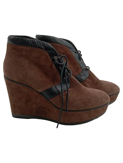 Tod's Damen Stiefeletten Braun Wildleder Keilabsatz Schnürung Gr. 39.5