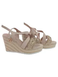 CafèNoir Damen Wedges Sandaletten Keilabsatz Beige Gr. 40 Schmucksteine 1