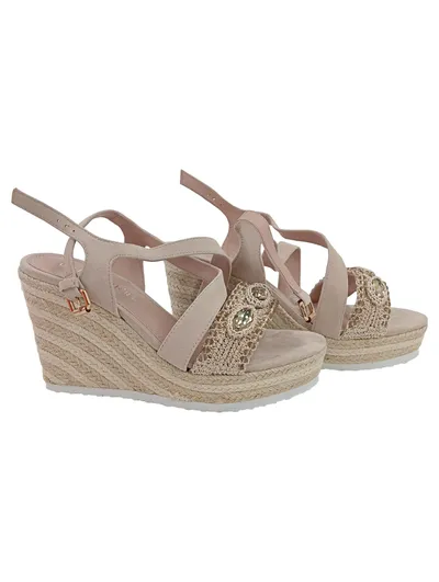 CafèNoir Damen Wedges Sandaletten Keilabsatz Beige Gr. 40 Schmucksteine