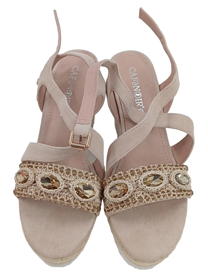 CafèNoir Damen Wedges Sandaletten Keilabsatz Beige Gr. 40 Schmucksteine 2