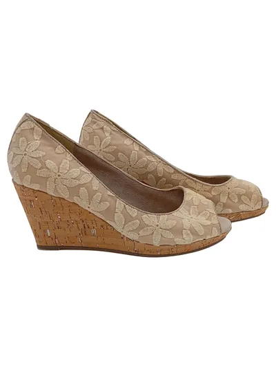 Tamaris Damen Peeptoe Pumps Keilabsatz Blumenstickerei Beige Gr. 37