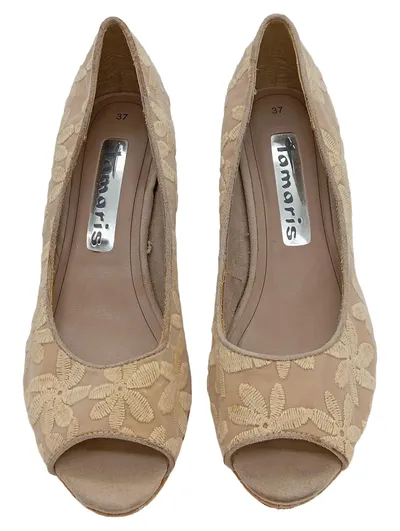 Tamaris Damen Peeptoe Pumps Keilabsatz Blumenstickerei Beige Gr. 37