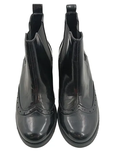 Damen Chelsea Brogue Stiefelette Schwarz Gr. 37 Blockabsatz Lackleder