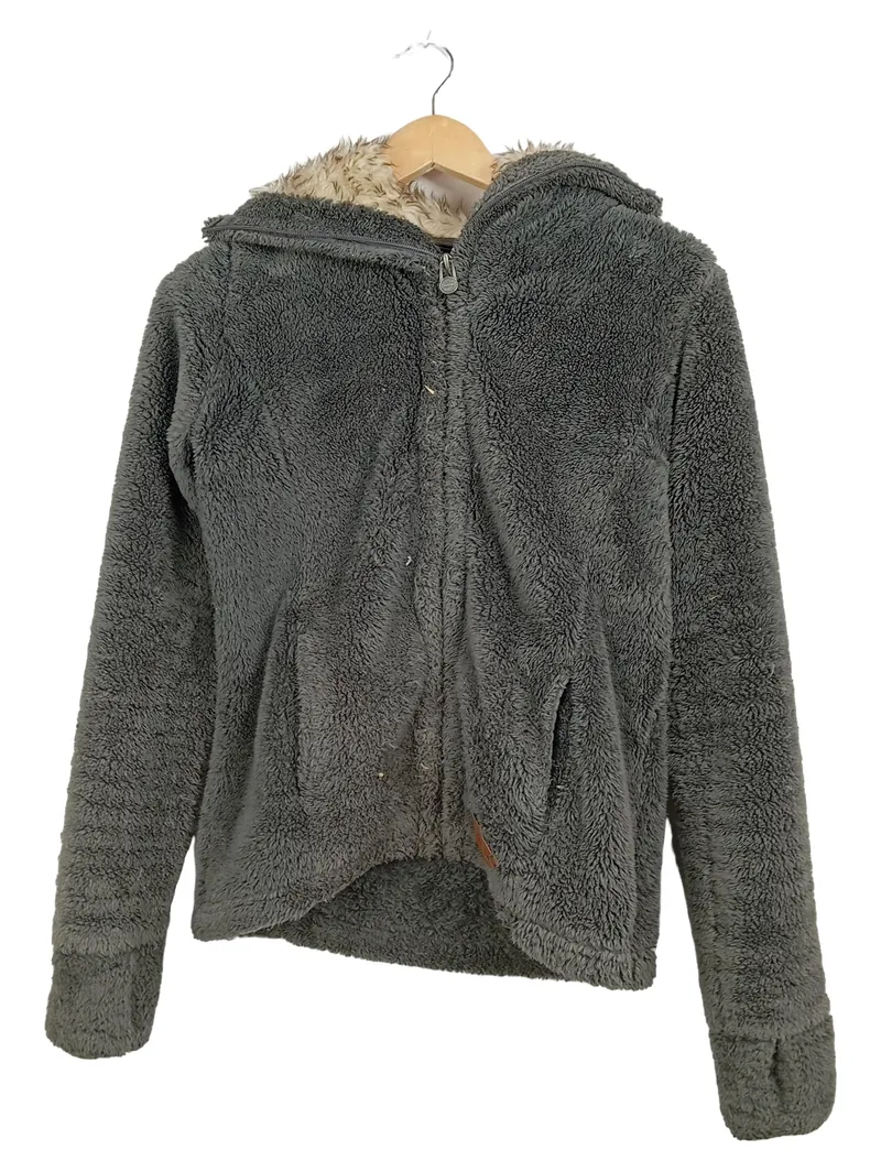 SUBLEVEL Damen Fleecejacke Teddy Kapuze Fellkragen Grau Gr. S 2